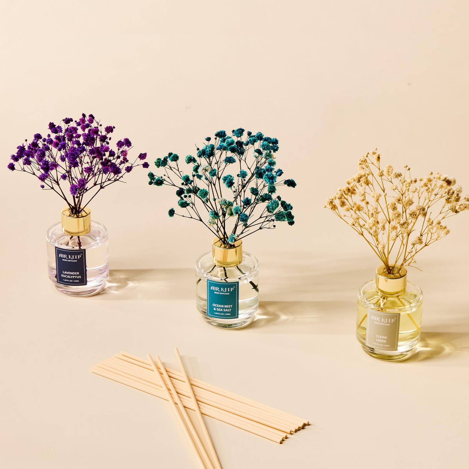 Airkeep Reed Diffuser Set of 3,Clean Linen Ocean 1.69 Ounce*3 pack, Green