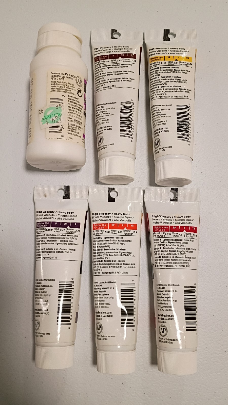Lot of 6 Liquitex Acrylic 2 ounce Tubes + Bottle of Acrylic Gesso