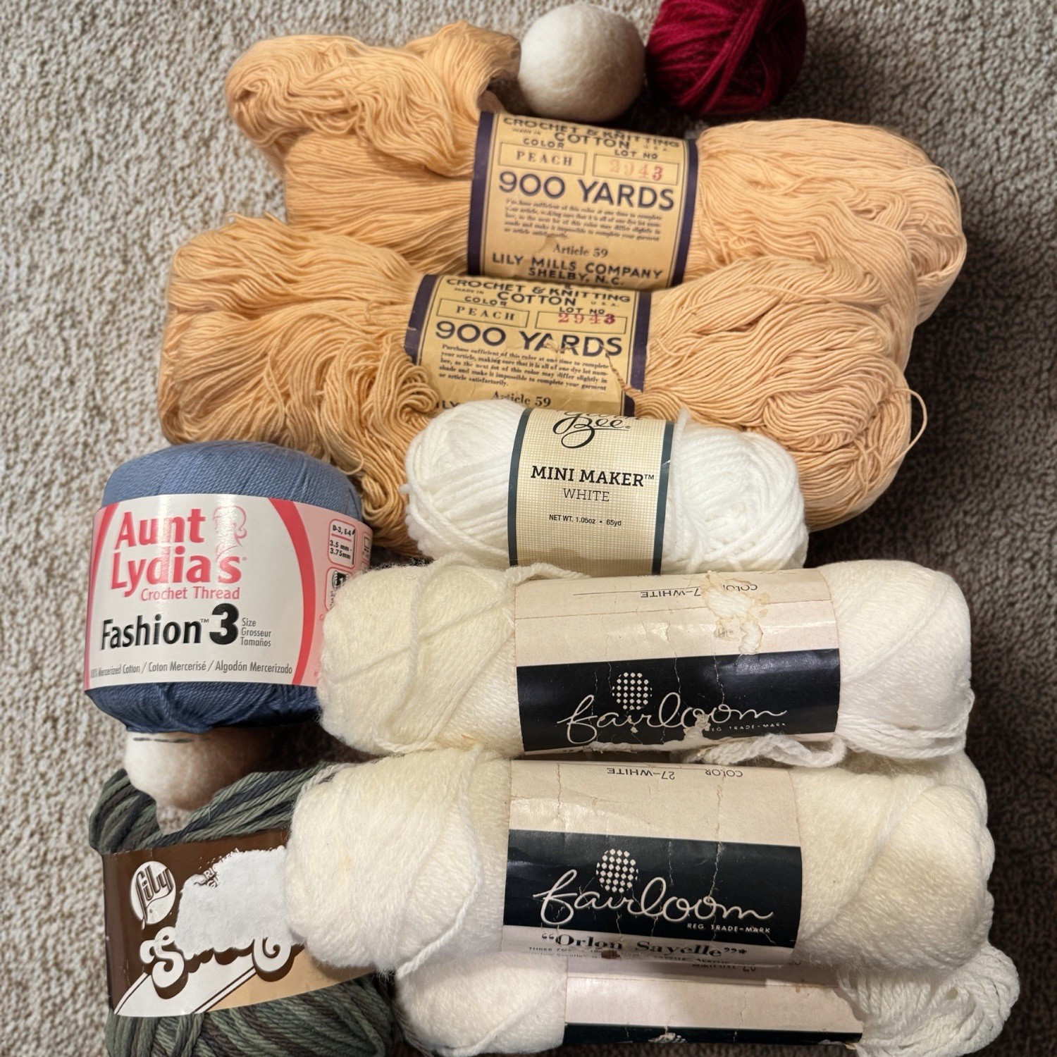 Vintage & Modern Yarn Lot Lily Cotton Peach Orlon Sayelle Aunt Lydia Sugar Cream