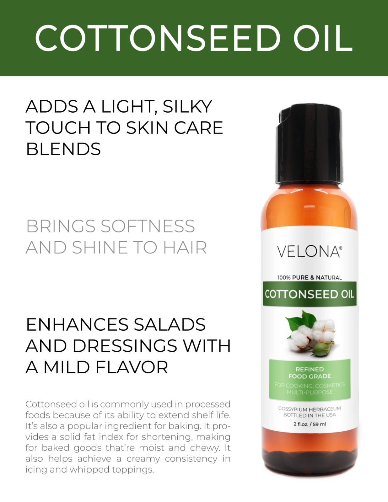CottonSeed Oil by Velona – 2 oz Refined, Cold pressed | Cooking Dressing Skin