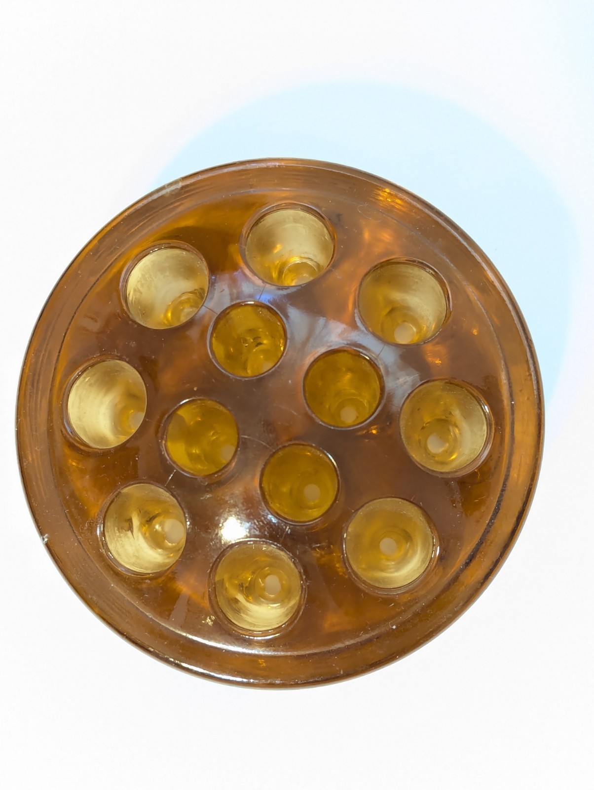 Vintage Amber Glass Flower Frog 16-Hole 3.75″ Pressed Glass Dome Vase Insert