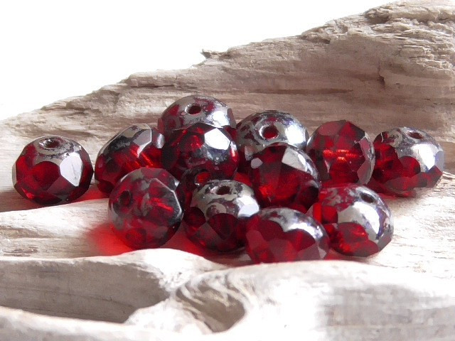 12 – 7x5mm CZECH TRANSPARENT RED METALLIC PICASSO FACETED FP RONDELLE GLASS BEAD