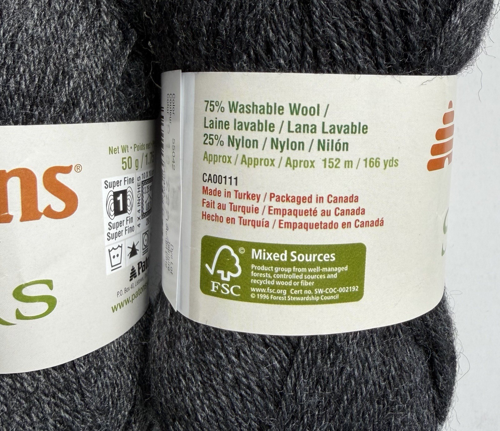 Lot of 2 – Patons Kroy Socks Wool Blend Super Fine Sock Yarn- Gentry Grey