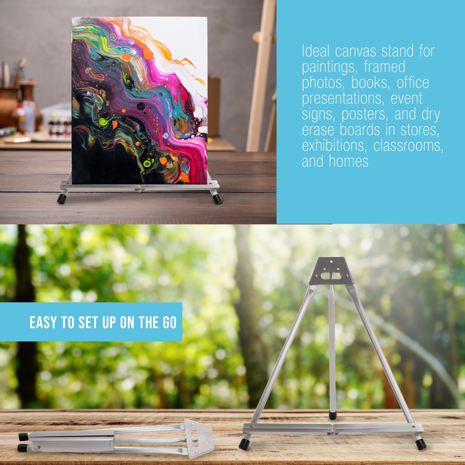 15″ High Aluminum Tabletop Display Easel, Portable Artist Tripod Stand, Hold Art