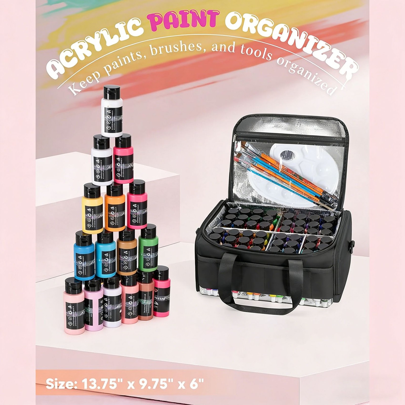 Acrylic Paint Organizer Bag (Black) Holds 60 Bottles (2 Oz), with Tools3047