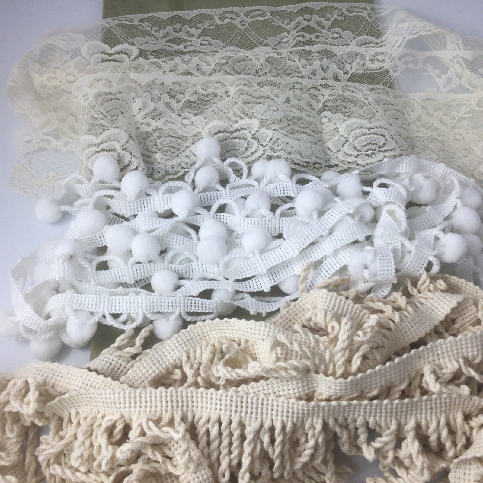 White Ivory Cotton Trim Embellishment for Sewing Fringes Balls Lace Total 11 Yd