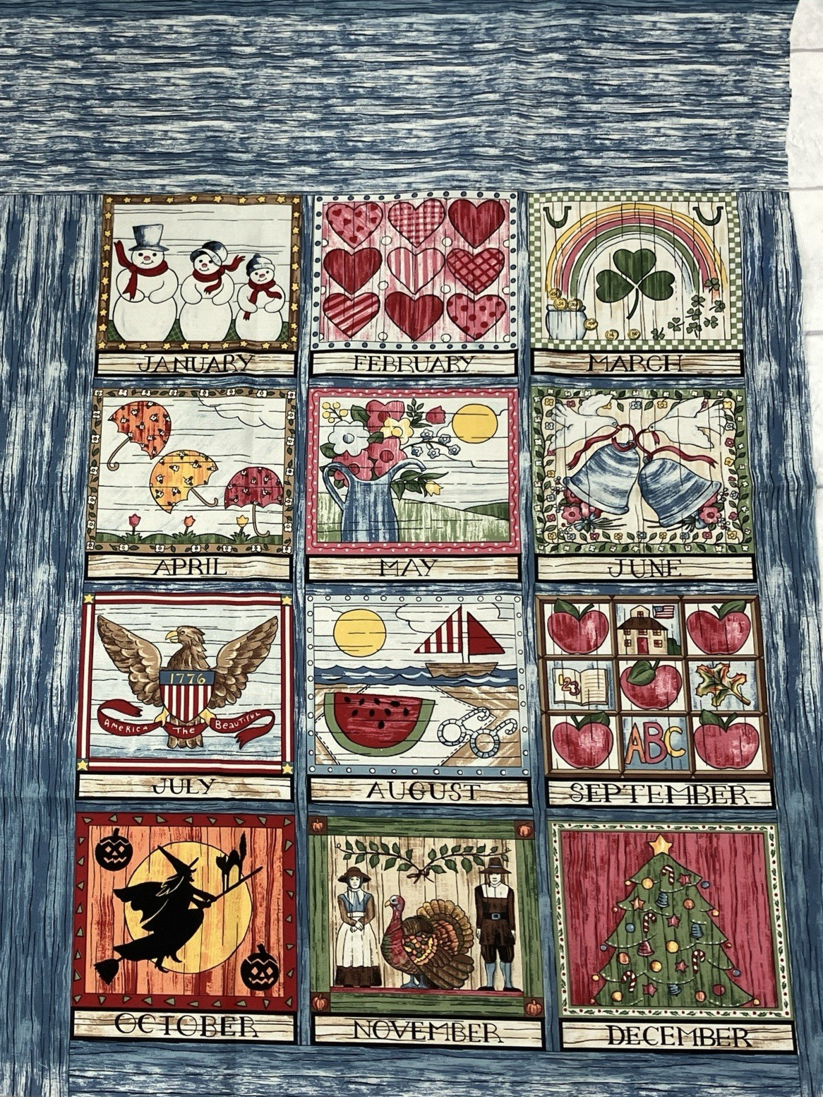 Calendar Months Seasons Print 3-Panel Fabric Total Length 94″ x 46″