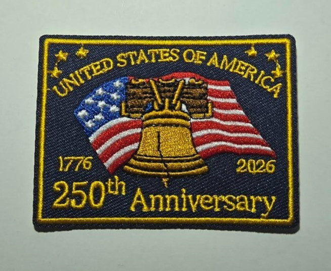 USA 250th Anniversary (iron/sew on patch. 2 1/4″h X 3″w)