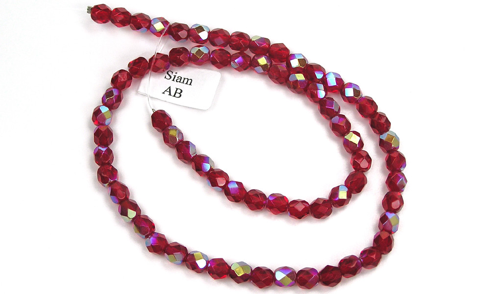 Czech Fire Polished Round Faceted Glass Beads in Siam AB coated, 16″ strand red
