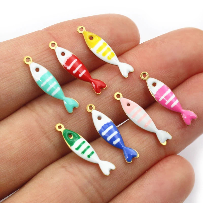 20Pcs 18X5Mm Stainless Steel Fish Enamel Charms Pendant Stainless Steel DIY Jewe