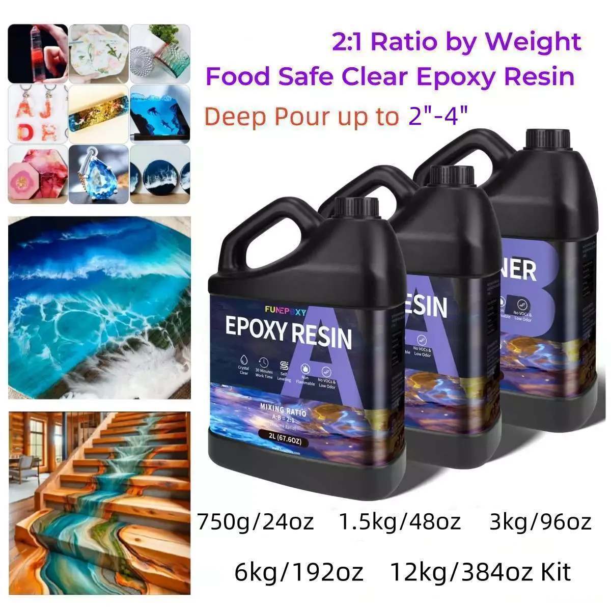 DEEP POUR 2:1 Epoxy Resin Kit 750g/24oz 1.5kg/48oz 3kg/96oz 6kg/192oz 12kg/384oz