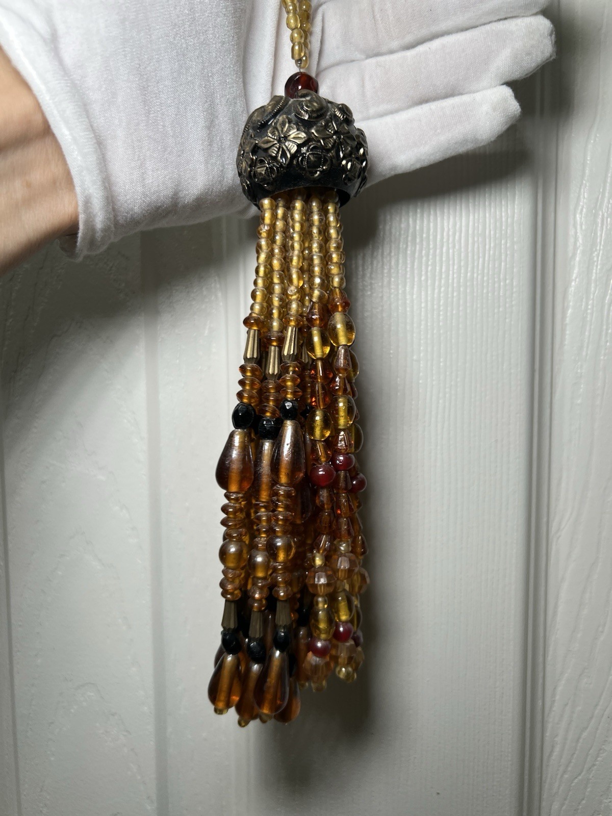 Amber glass gold tones warm Color Heavy Beaded Tassel Holiday ornament rich 7″