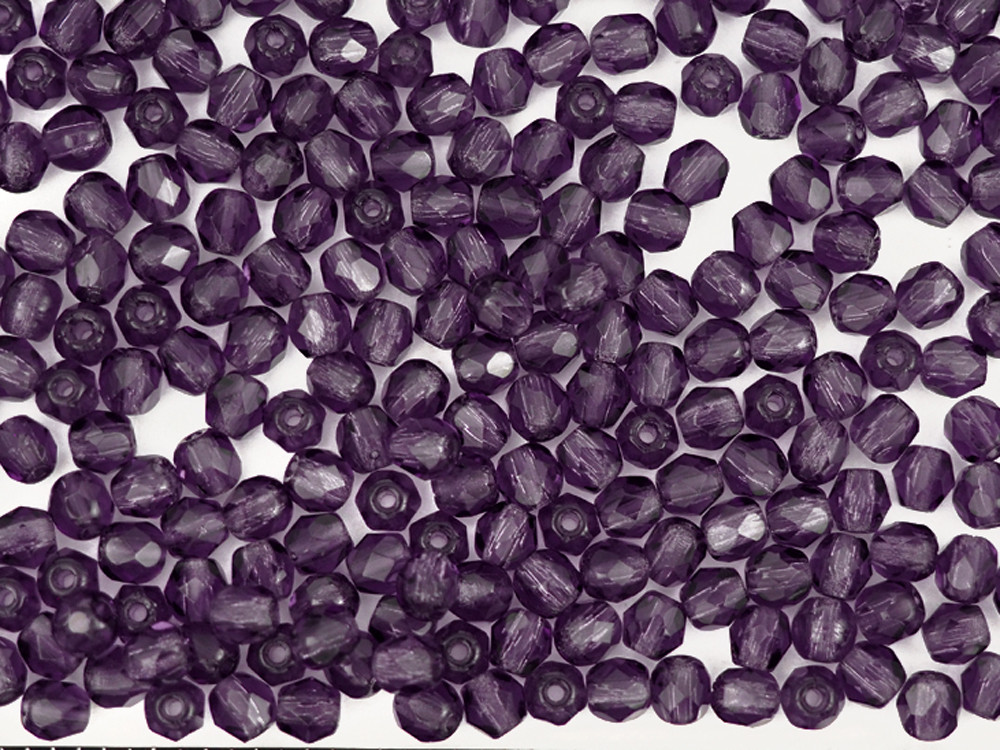 Czech Fire Polished Round Faceted Glass Beads in Deep Violet, 16” strand, purple