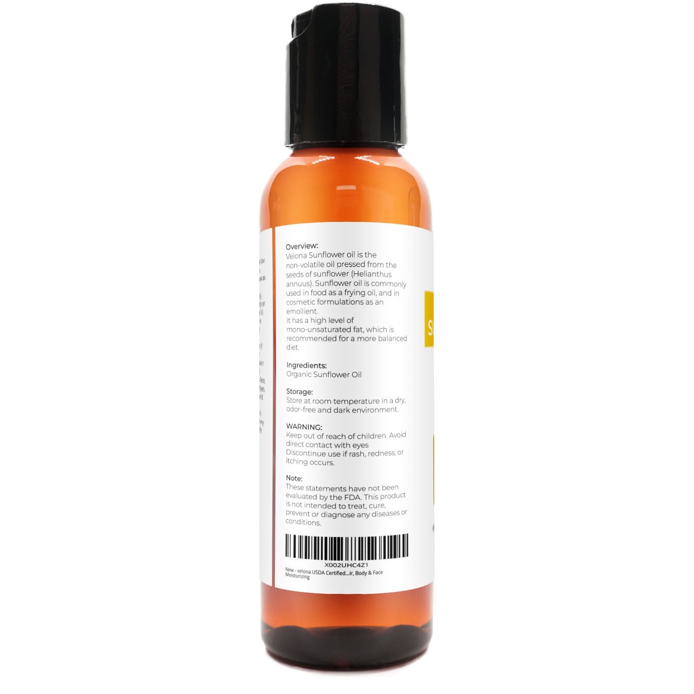 Velona USDA Certified Organic Sunflower Oil – 2 oz 100% Pure High Oleic Refined