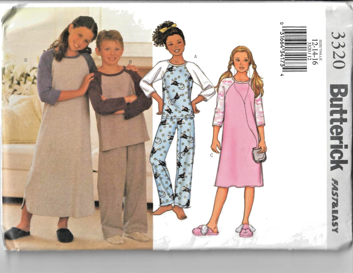 Butterick 3320 Sewing Pattern Girls/Boys Loose-fit Pullover Top Gown Pants 12-16