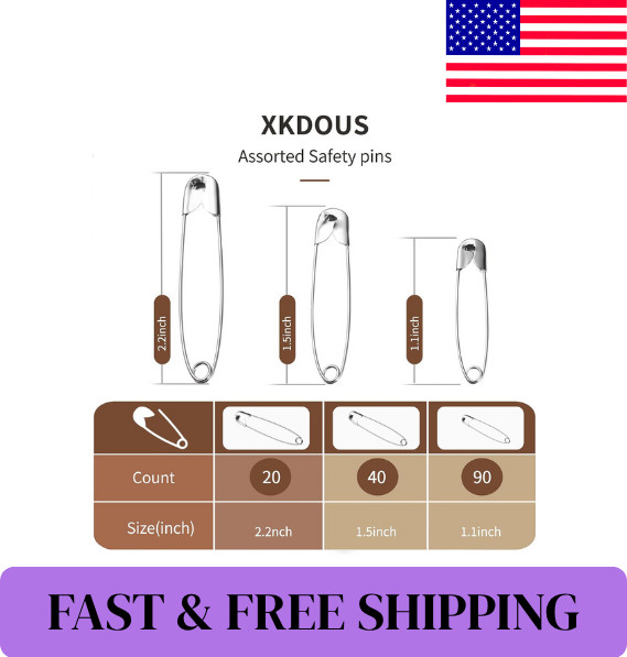 Safety Pins – 150 Pcs Assorted Sizes Silver Pins Bulk – Small & Large Heavy Duty