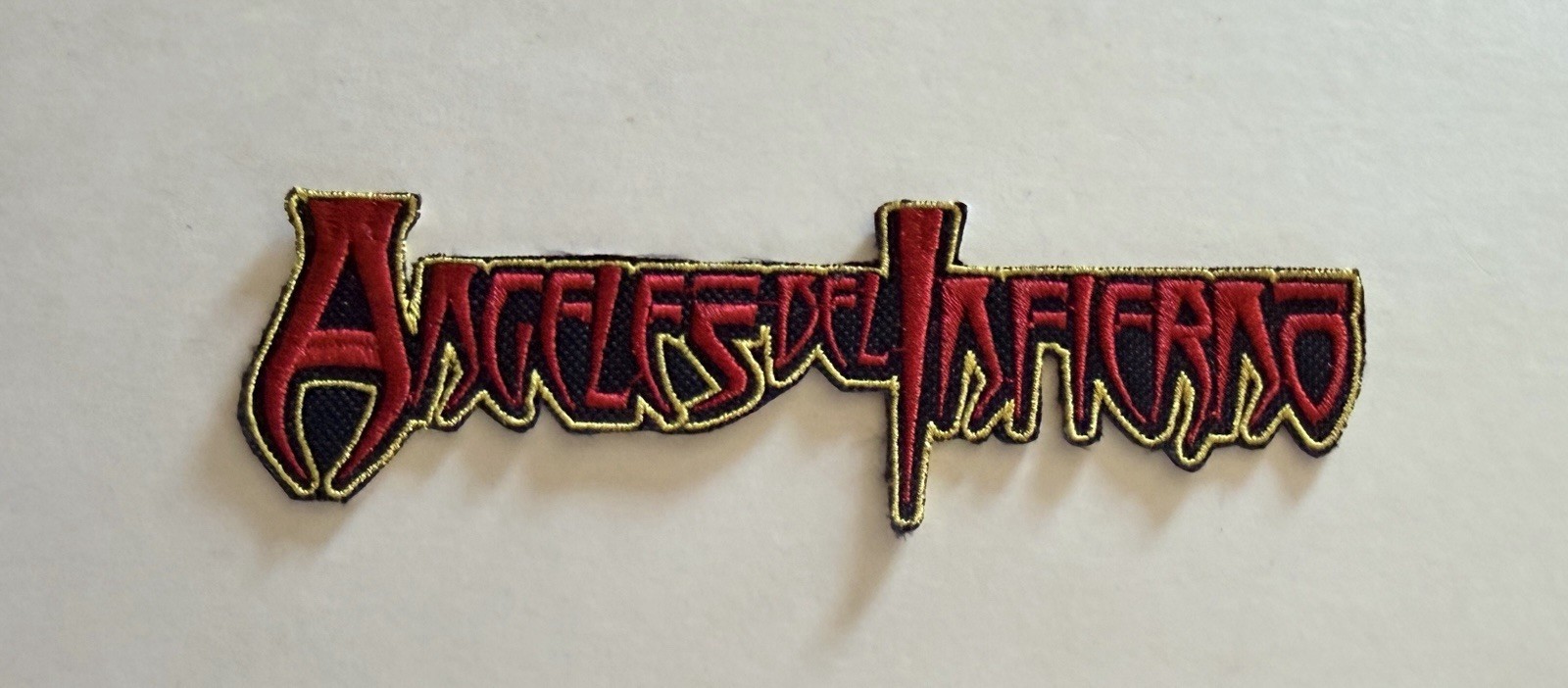 ANGELES DEL INFIERNO, RED AND YELLOW BAND LOGO, 4.5X2 INCHES, EMBROIDERED PATCH