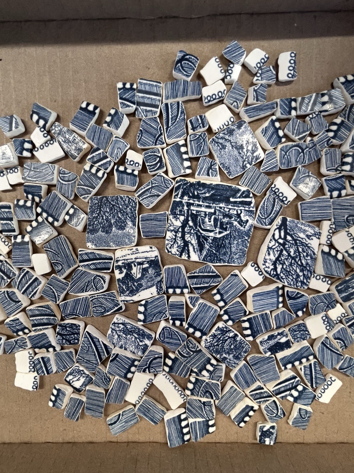 Broken China Hand Cut Plate TUMBLED Mosaic BLUE Currier & Ives