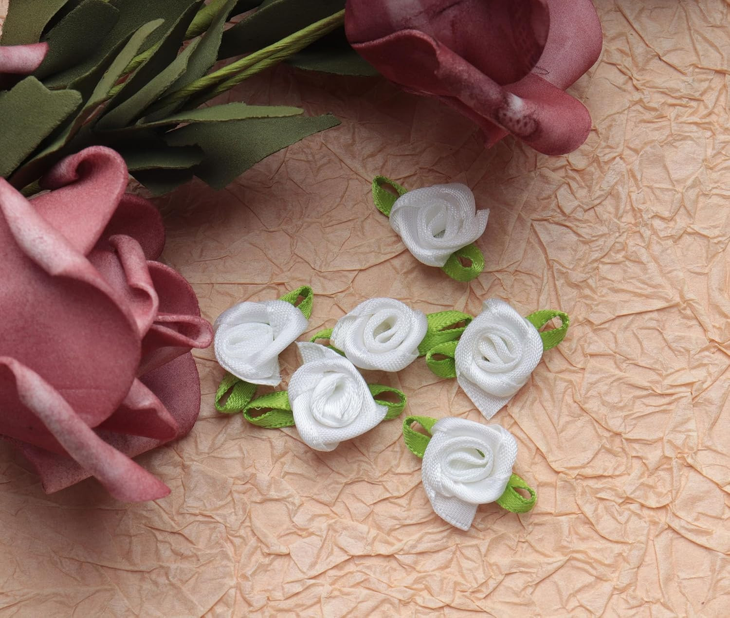 50 Pcs Satin Roses with Green Leaves Mini Cute Ribbon Bows Fabric Artificial Flo