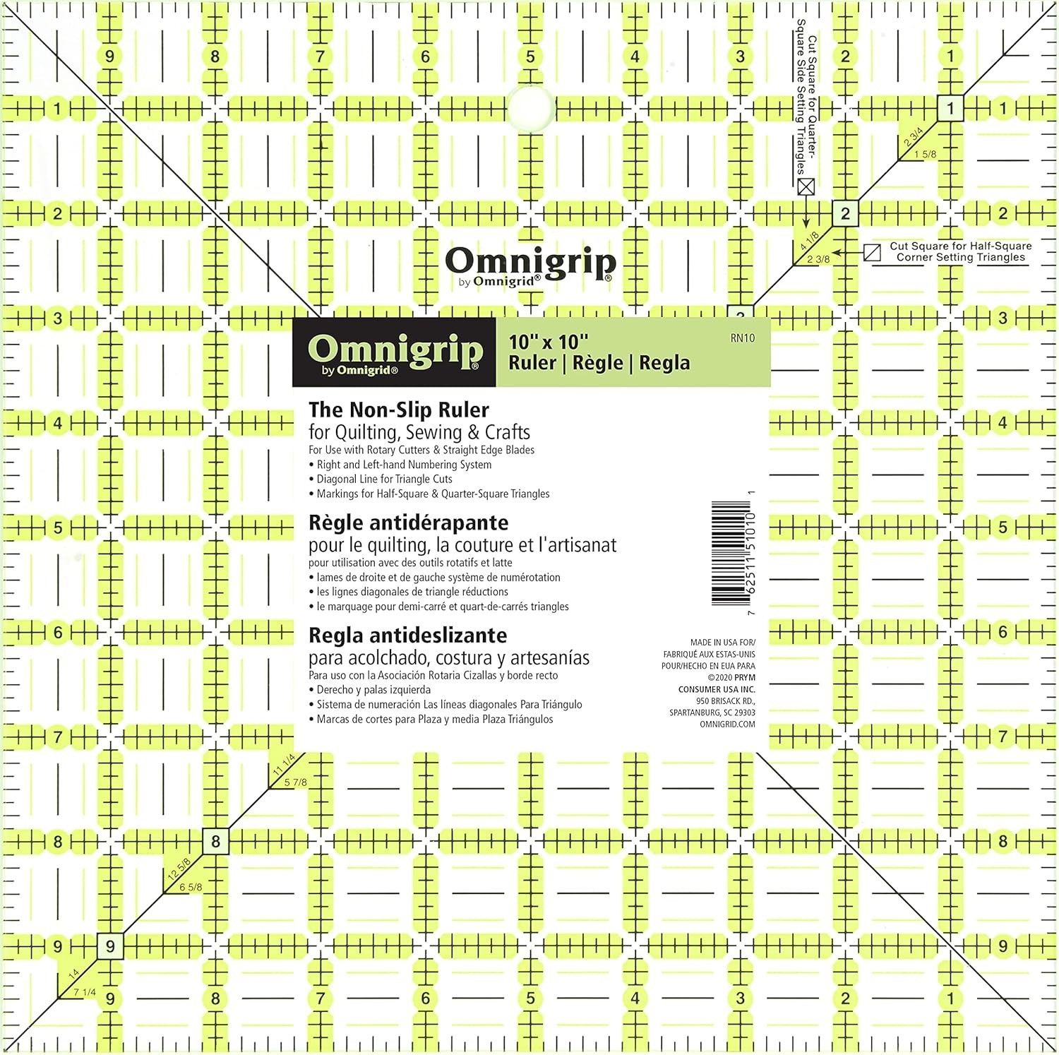 Omnigrip 10 Inch Square Quilting Ruler Neon Non-Slip Fabric Rotary Cutting Tool