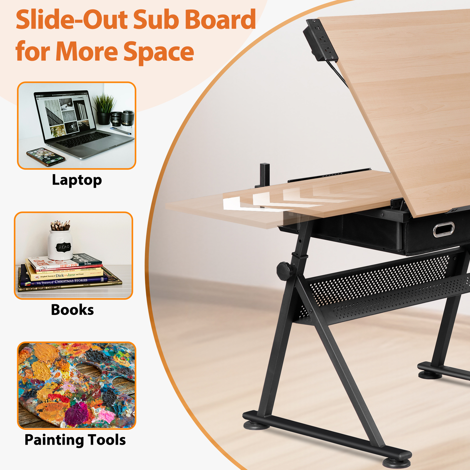 Adjustable Artist Table Tilted Tabletop Drafting Stool & Storage Drawer Natural