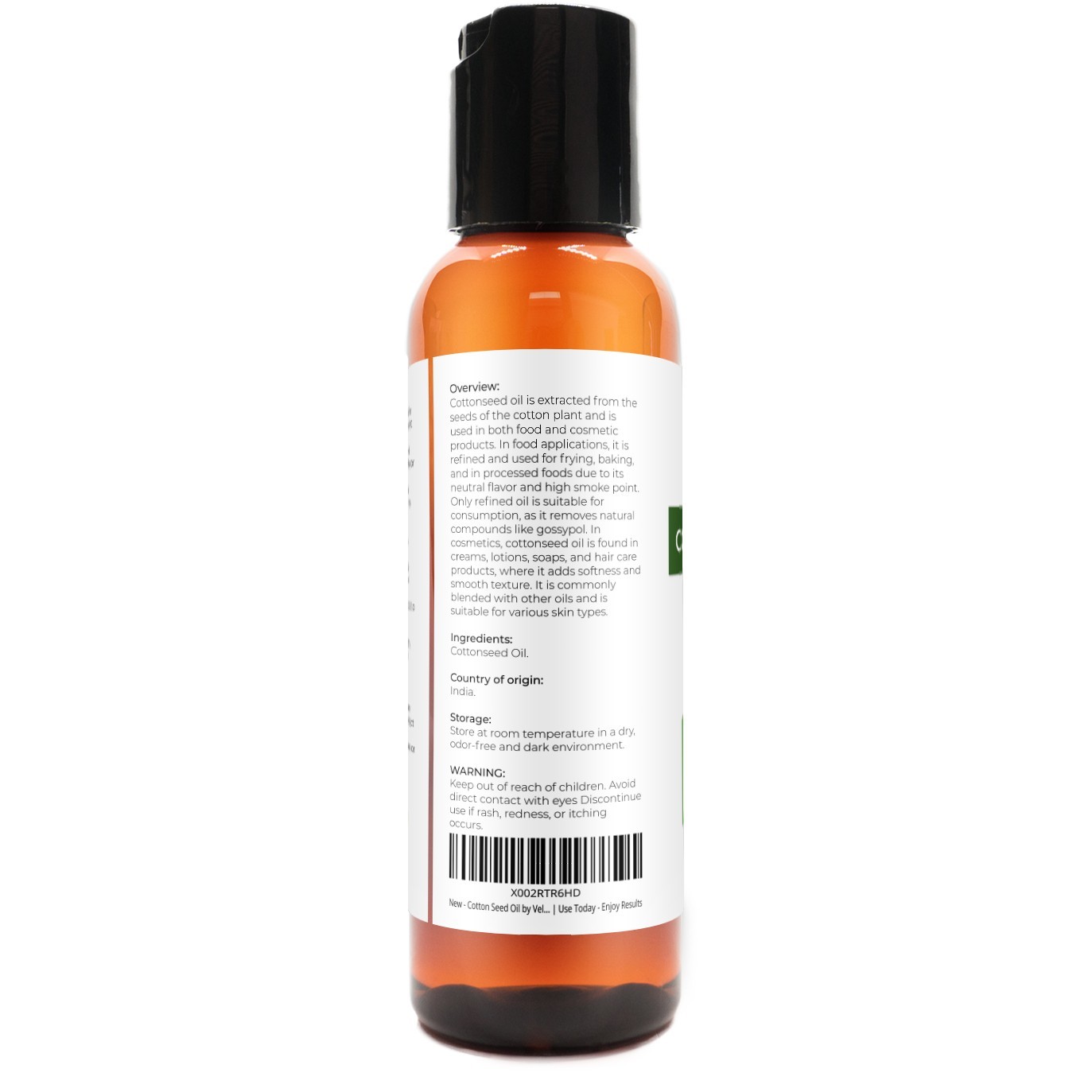 CottonSeed Oil by Velona – 2 oz Refined, Cold pressed | Cooking Dressing Skin