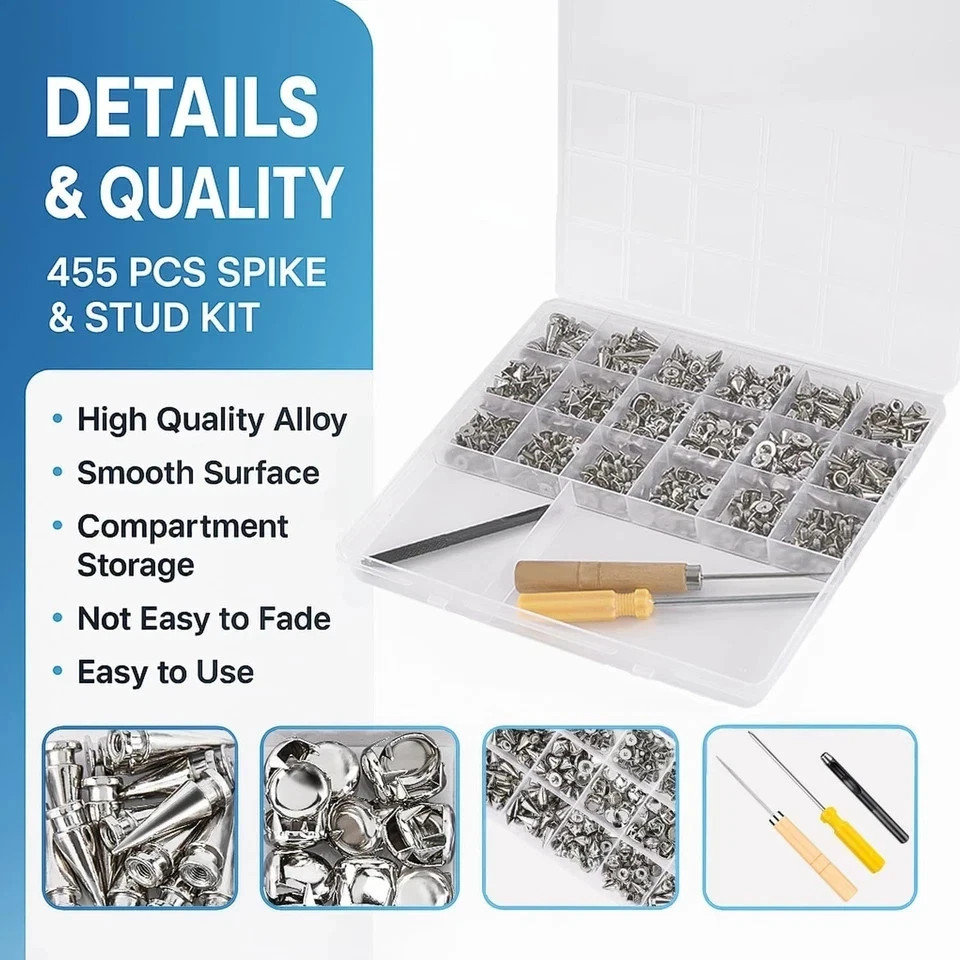 455PCS Punk Spikes and Studs Kit for Clothing, 12 Sizes Premium Metal Cone Spike