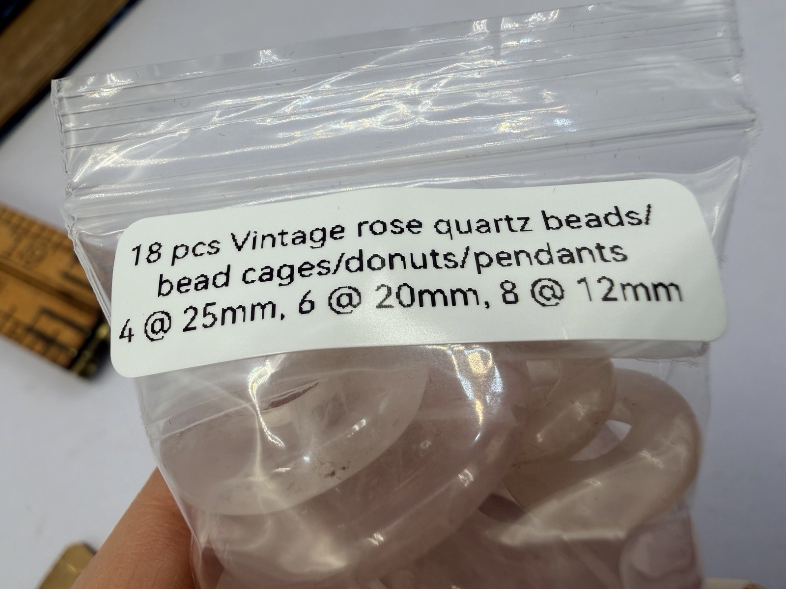 18 Pcs Vintage Carved Rose Quartz Beads Drilled Donuts Cages Mixed Size Artisan