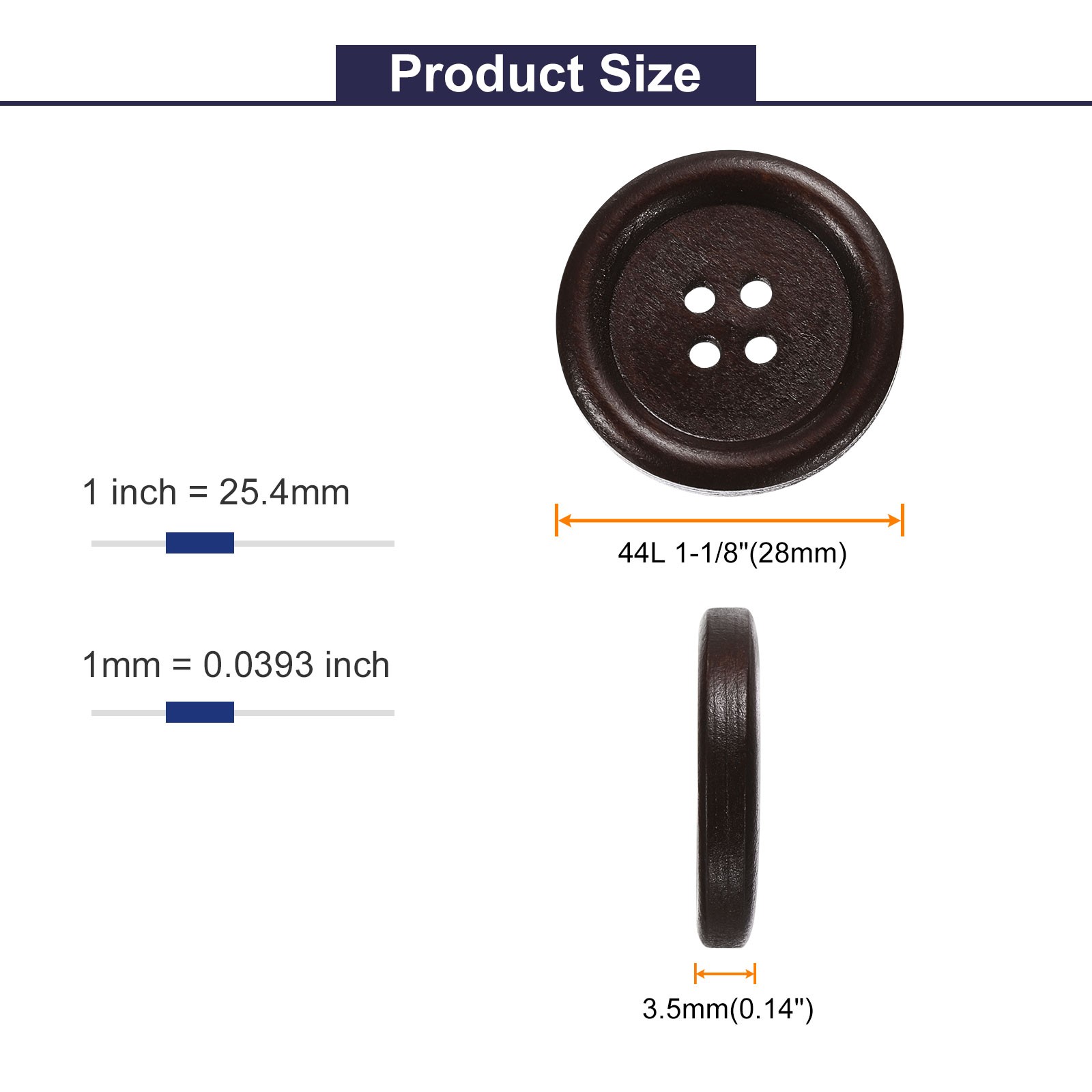 10pcs Wooden Sewing Button 28mm 4 Holes Round Craft Buttons, Dark Brown