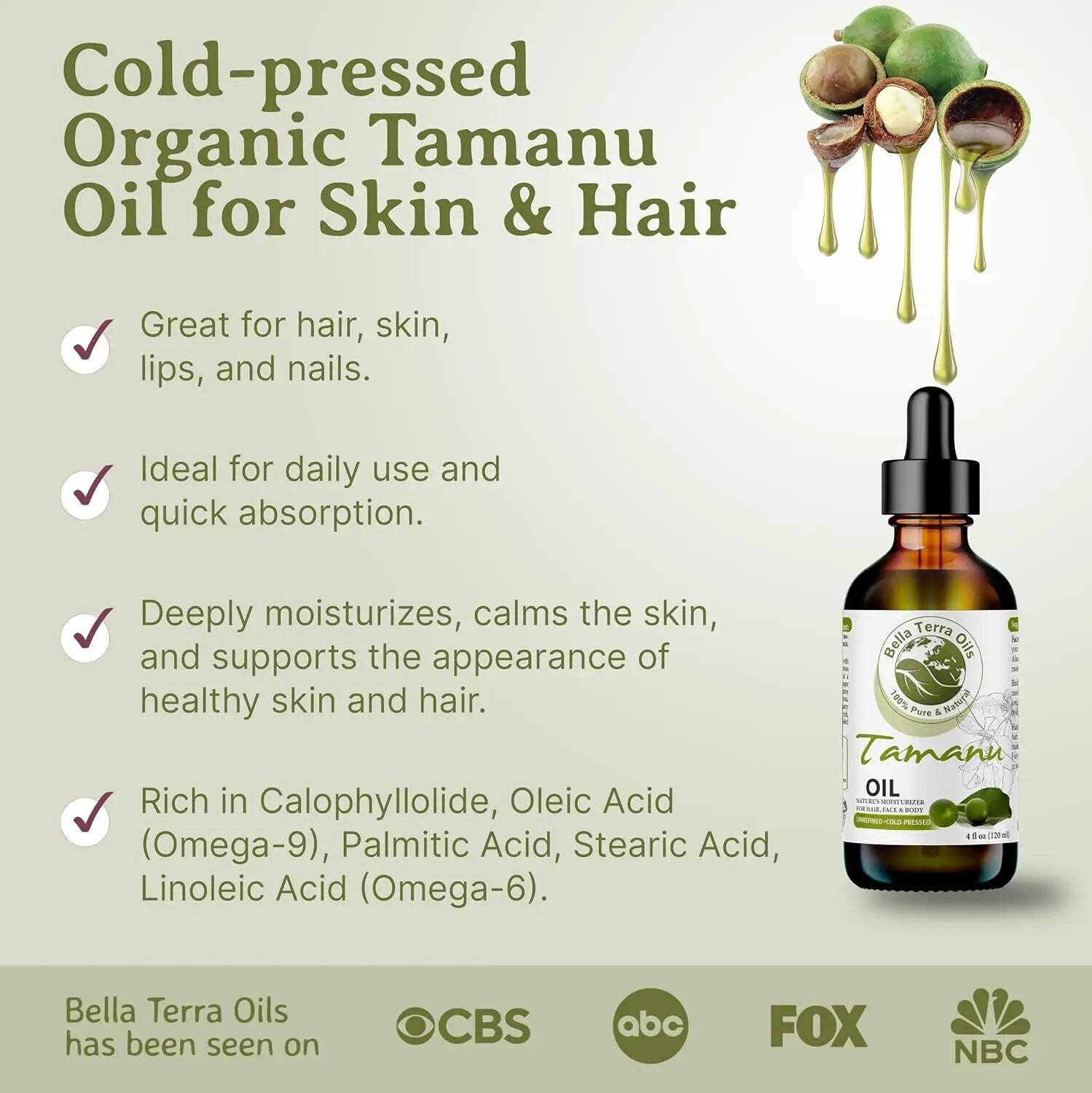 Organic Cold-Pressed Tamanu Oil 100% Pure Skin Hair Nails Healing