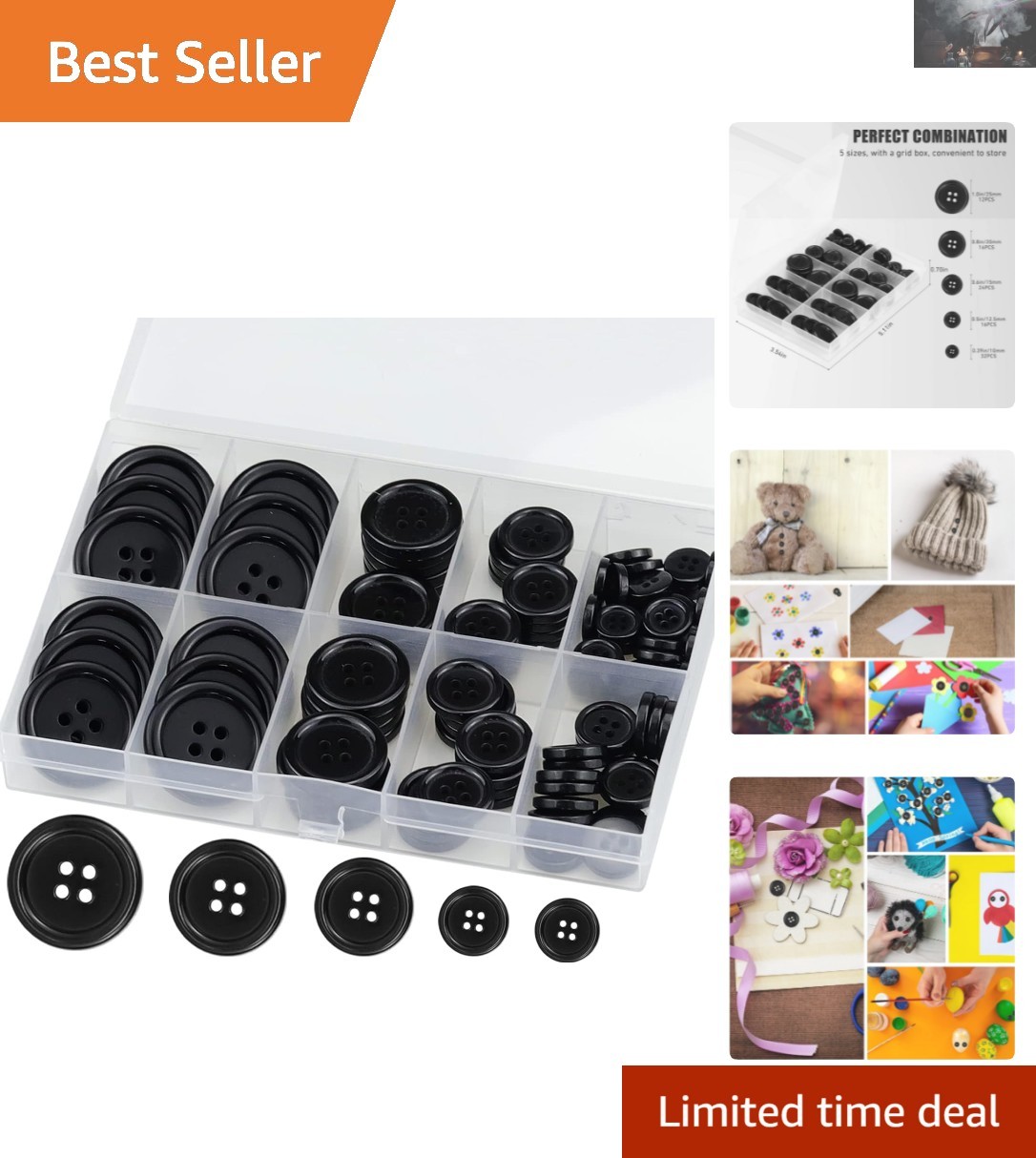 100 Pcs Eco-Friendly Black Resin 4-Hole Sewing Buttons, 5 Sizes, Organizing Box