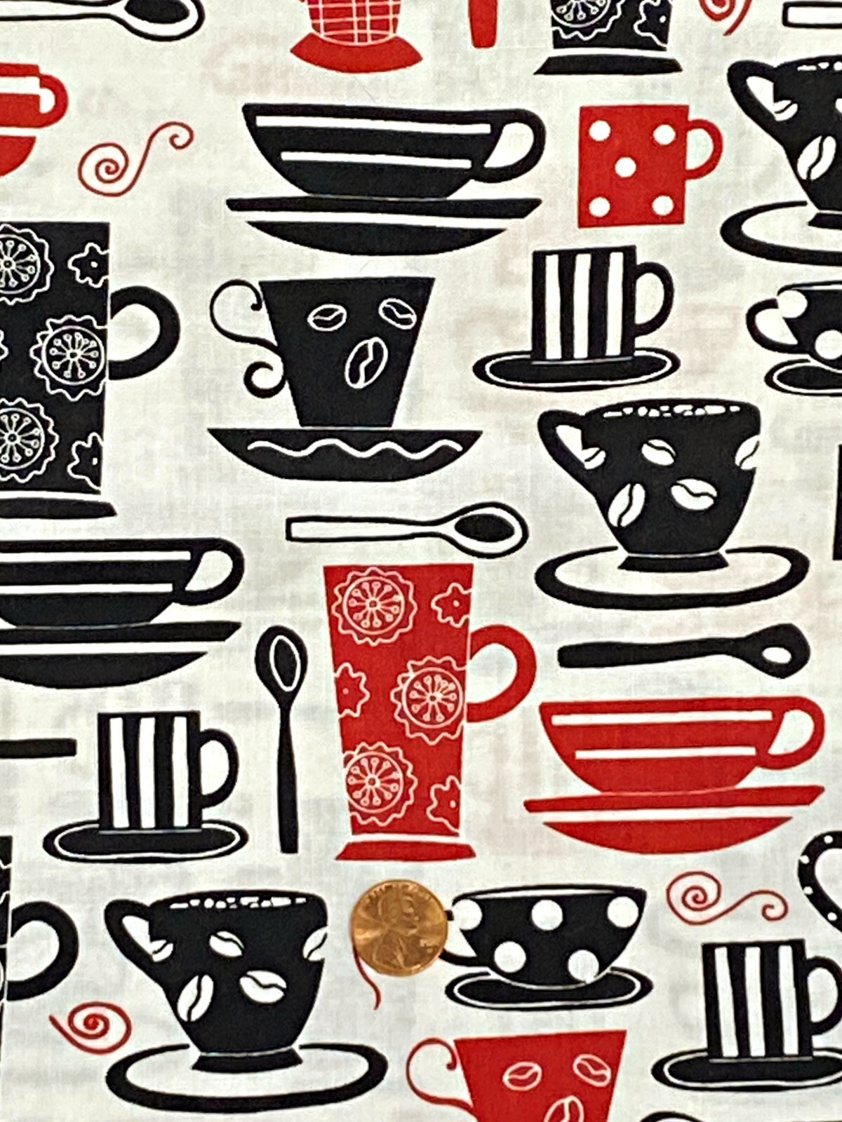 12″ x 30″ Remnant Red & Black Tea Cups on White Cotton Fabric by Blank Quilting