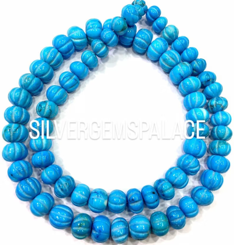 AAA QUALITY~Natural Turquoise Melon Beads Carved Rondelle Strand Gemstone Beads.