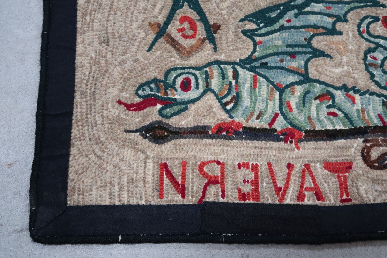Hand Hooked Wool Rug Green Dragon Tavern Boston Tea Party Masonic Folk Art A3