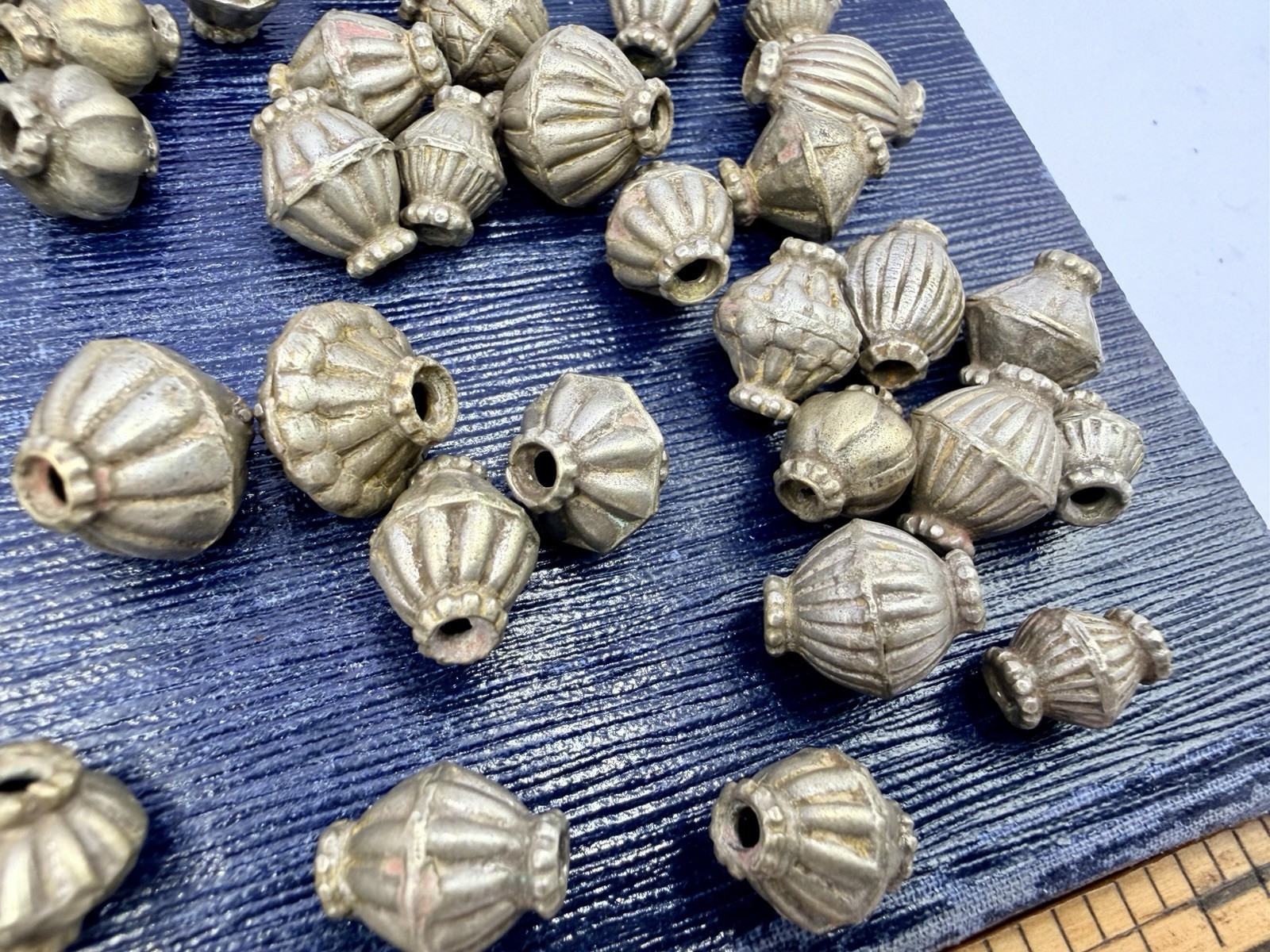 50 Pcs Vintage Silver Tone Melon Oval Beads Artisan Estate Jewelry Making Lot RD
