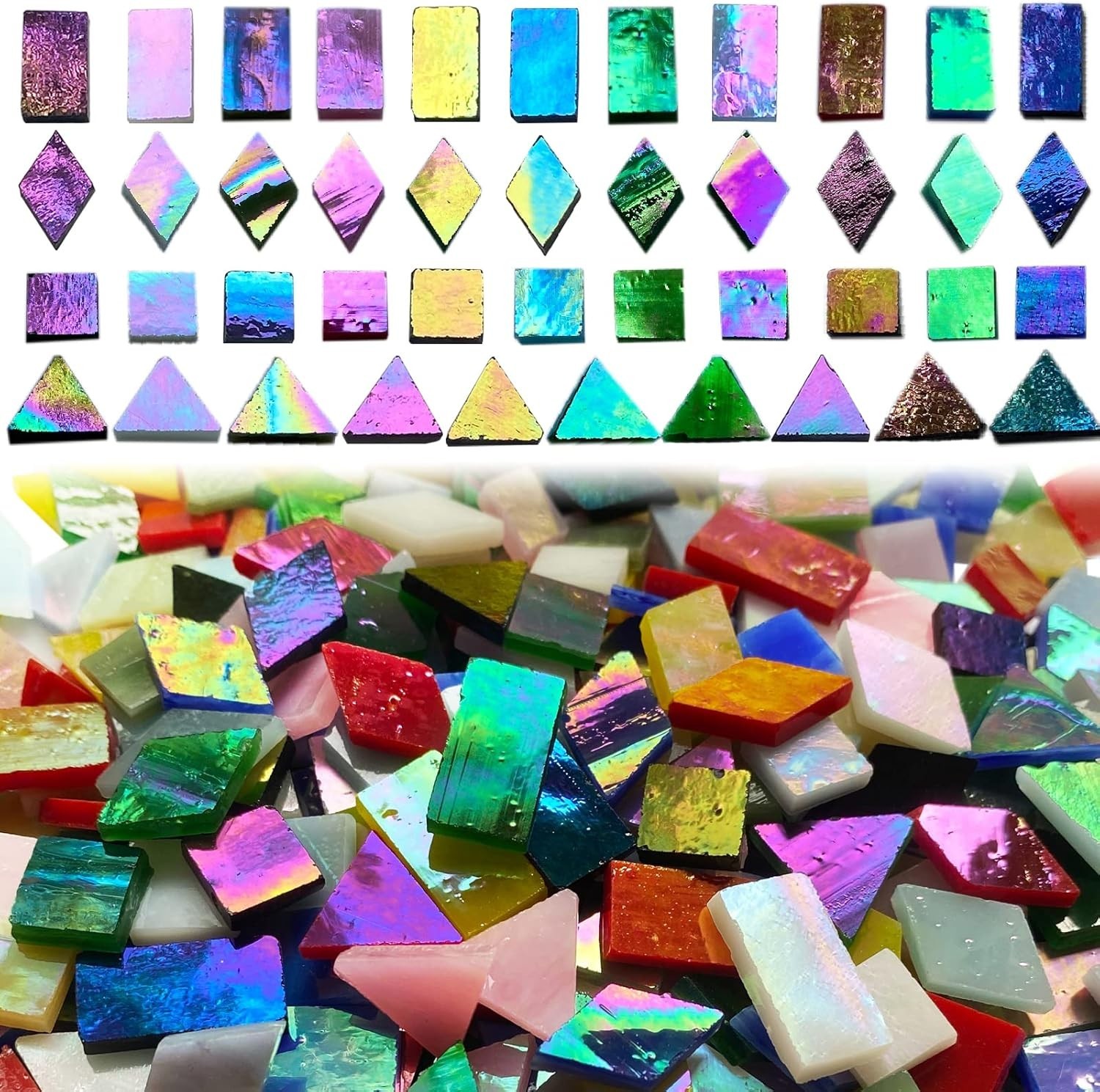 510 Pieces Iridescent Glass Mosaic Tiles for Crafts Mixed 4 Shapes Colorful Sta