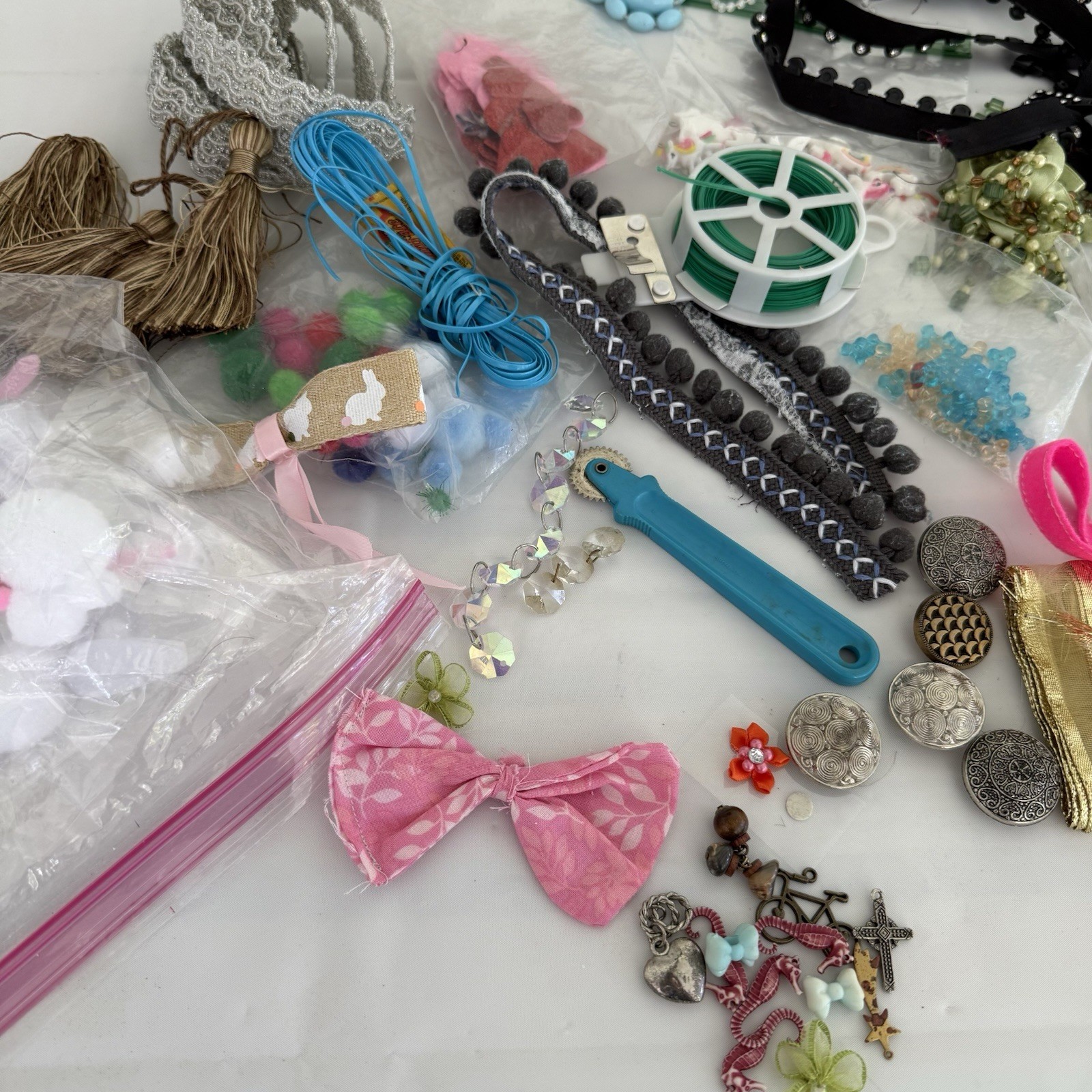 Mixed Lot Of Assorted Craft Sew Supplies Some Beads, Poms, Trims, Embellishments