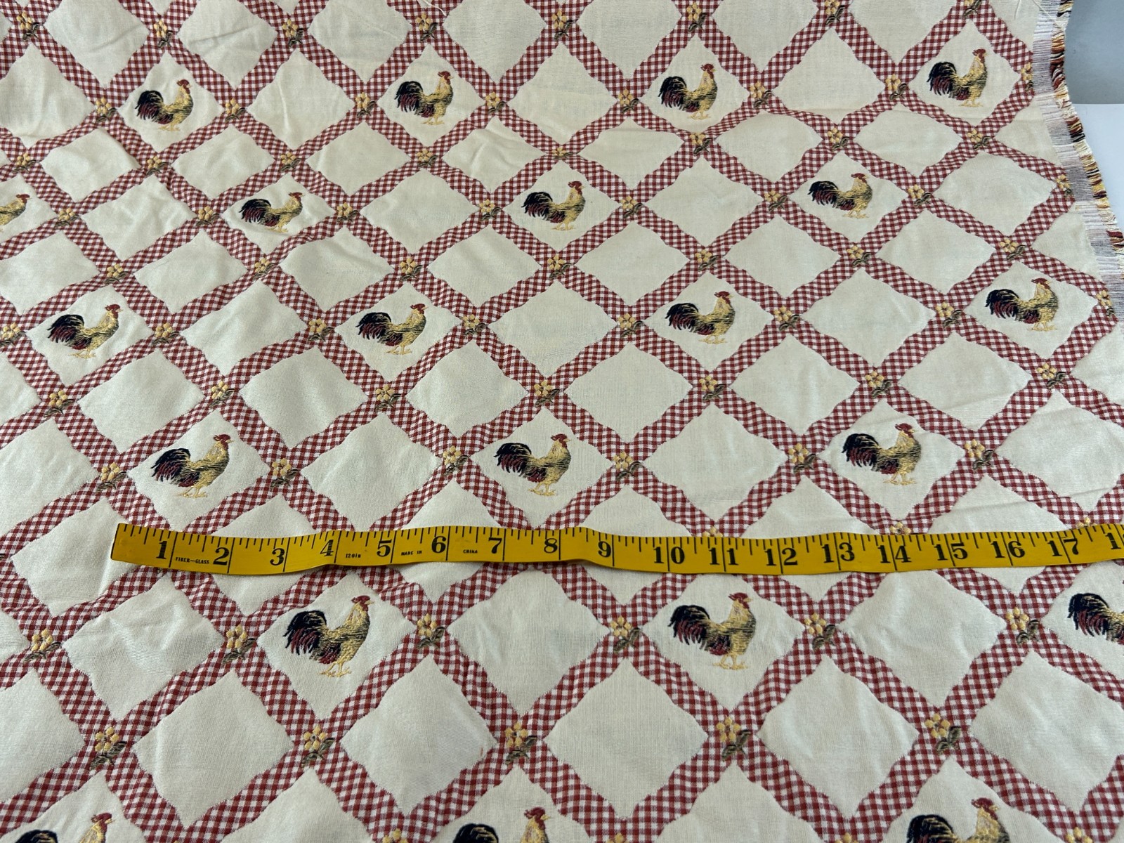 Embroidered Roosters Red & White Gingham Lattice on Ivory Upholstery Fabric 1 yd