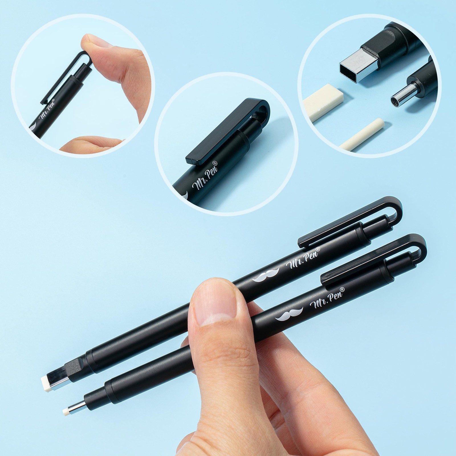 Mr. Pen- Pen Style Eraser Set, 2 Pack, Square & Round Tip, Precision Black