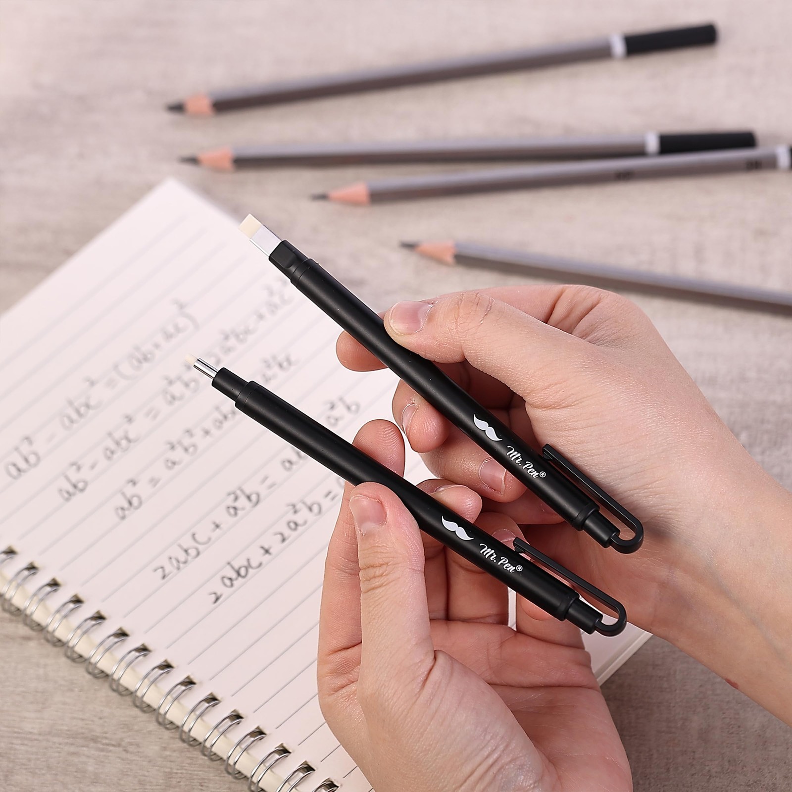 Mr. Pen- Pen Style Eraser Set, 2 Pack, Square & Round Tip, Precision Black
