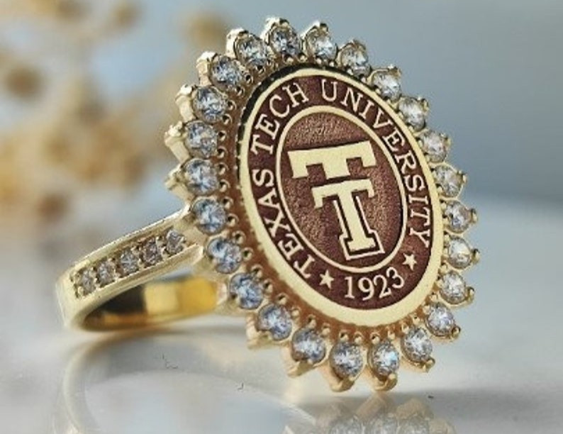Texas Tech University 1923 Gold Plated Ring w/ CZ Stones | Alumni Graduation Jew