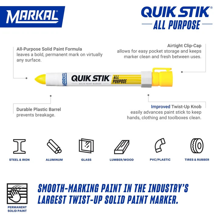 Markal Quik Stik Permanent Twist Solid Paint Crayon, 11/16 in Round Tip(12 Pack)
