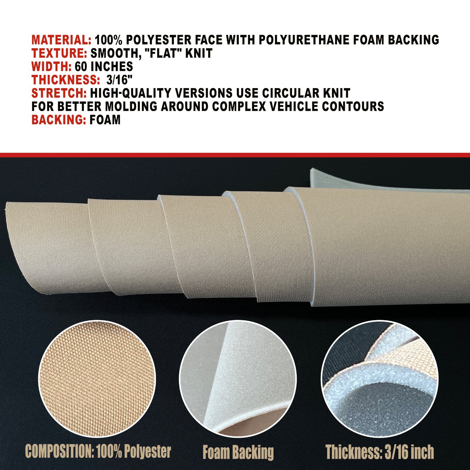 Automotive Flat Knit Headliner Fabric with 3/16 Foam Backing – 80″ x 60″