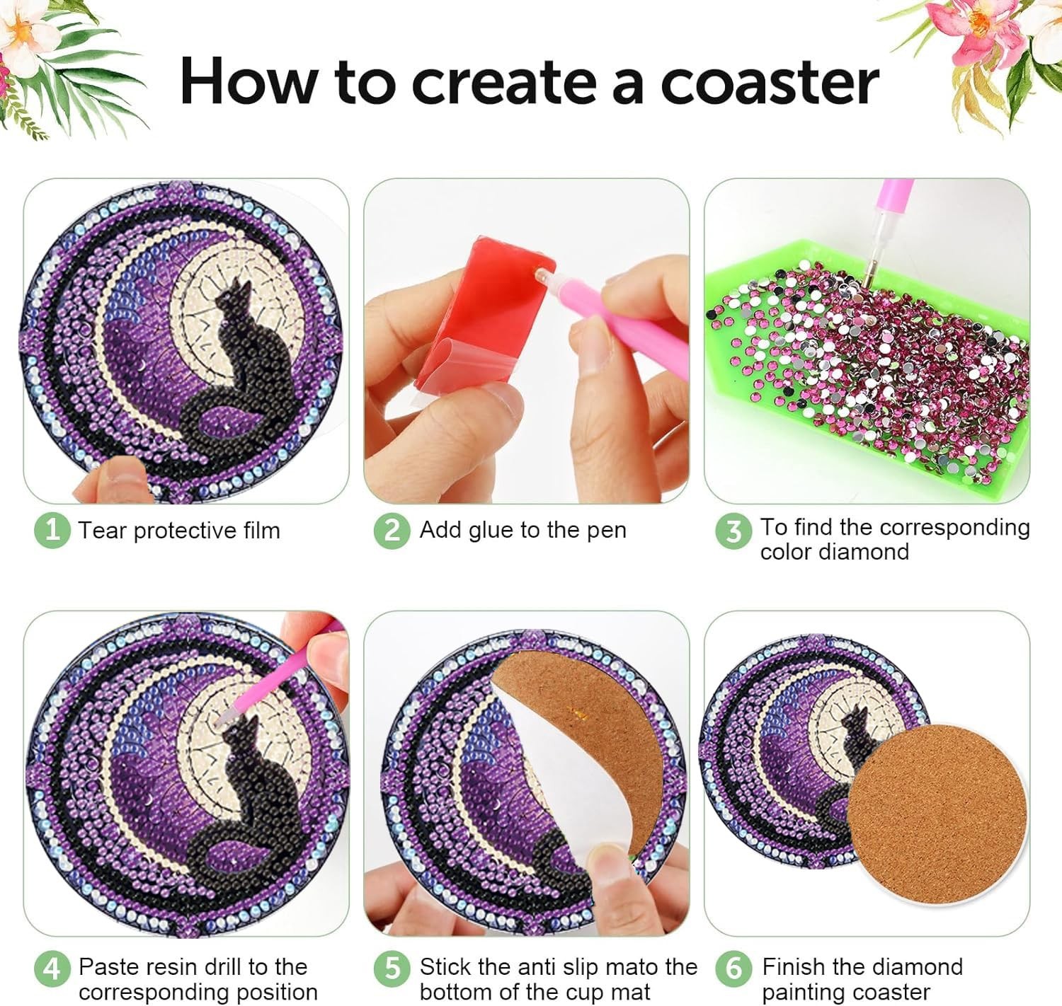Diamond Art Coasters Kits for Adults – 6 PCS Cat DIY Coaster Diamond Art Kit wi,
