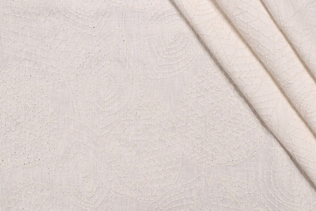 Valiant EDEN CREAM Cotton Blend Embroidered White tone-on-tone Leaf Fabric