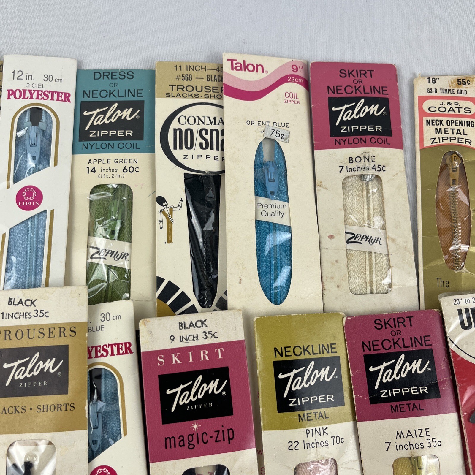 Talon Metal Zippers Lot of 28 Vintage Assorted Sizes & Colors Pink Green Blue