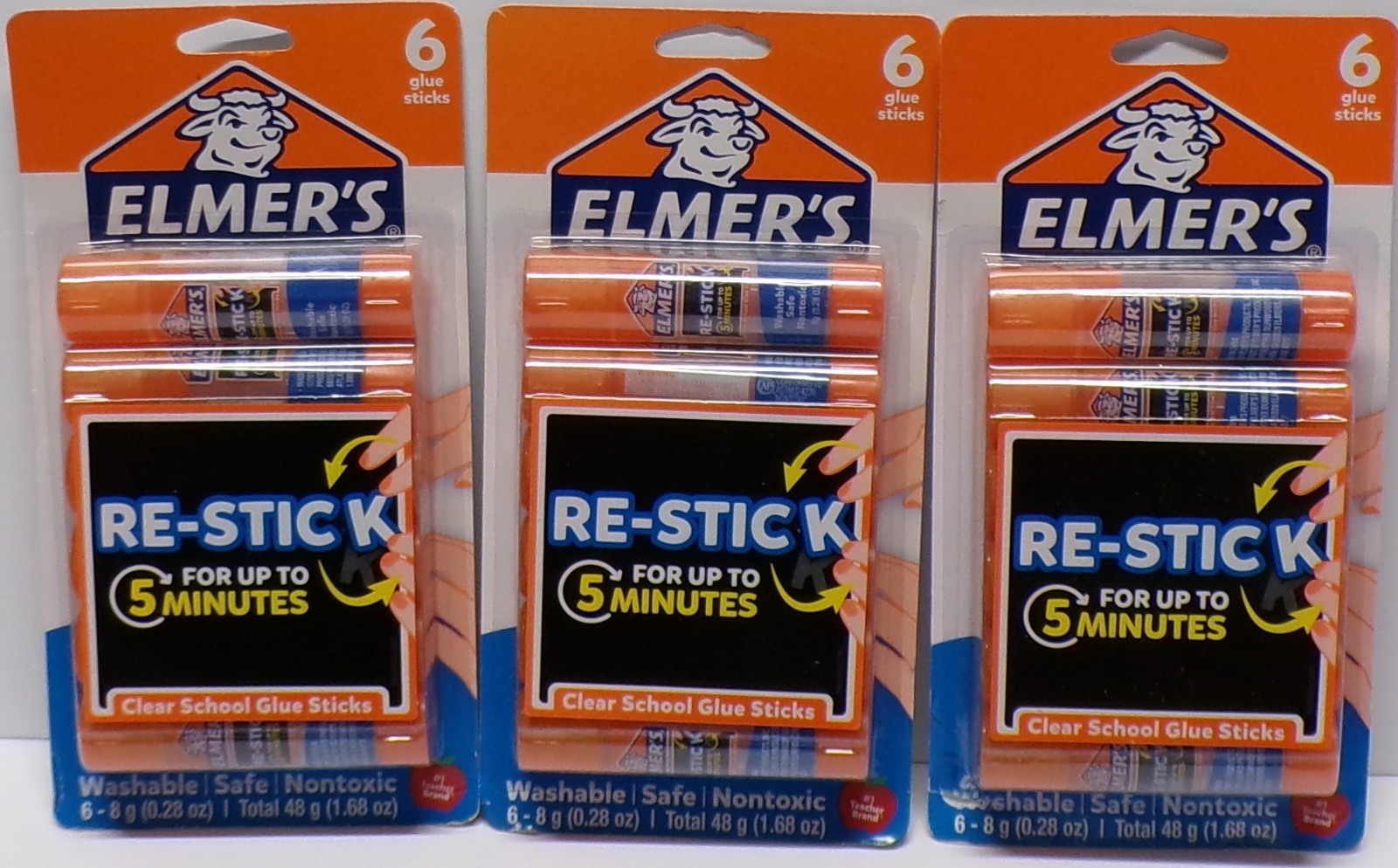 Lot of 3 Elmer’s Re-Stick Clear School Glue Sticks Nontoxic 6 Glue Sticks Each