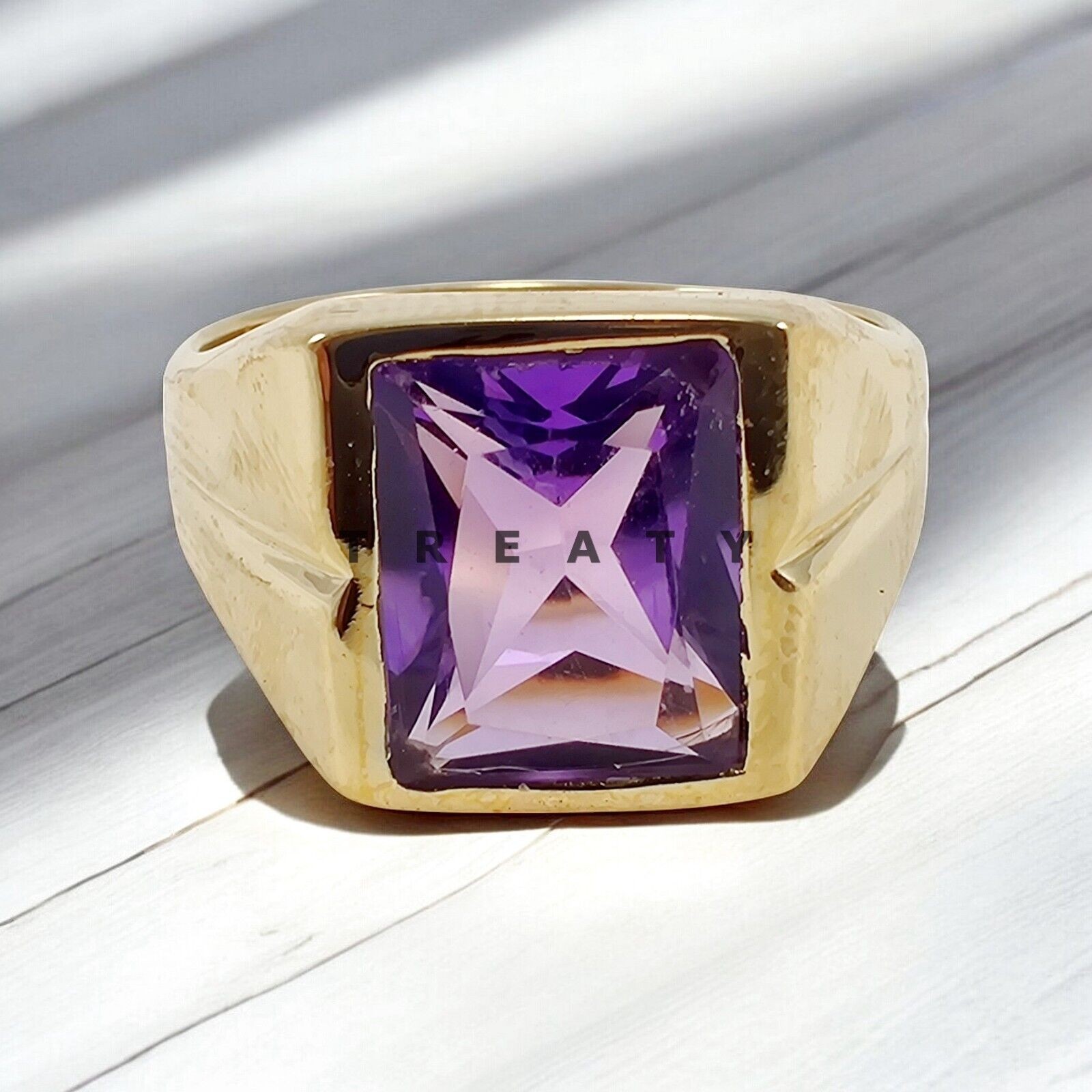 Amethyst Emerald Cut Gemstone With 14k Yellow Gold Ring For Men’s #418