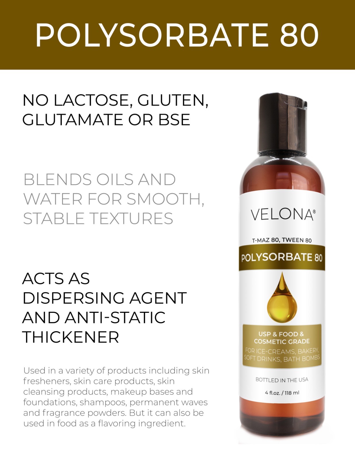Polysorbate 80 by Velona – 4 oz Solubilizer, Food Cosmetic Grade Cooking, Bath