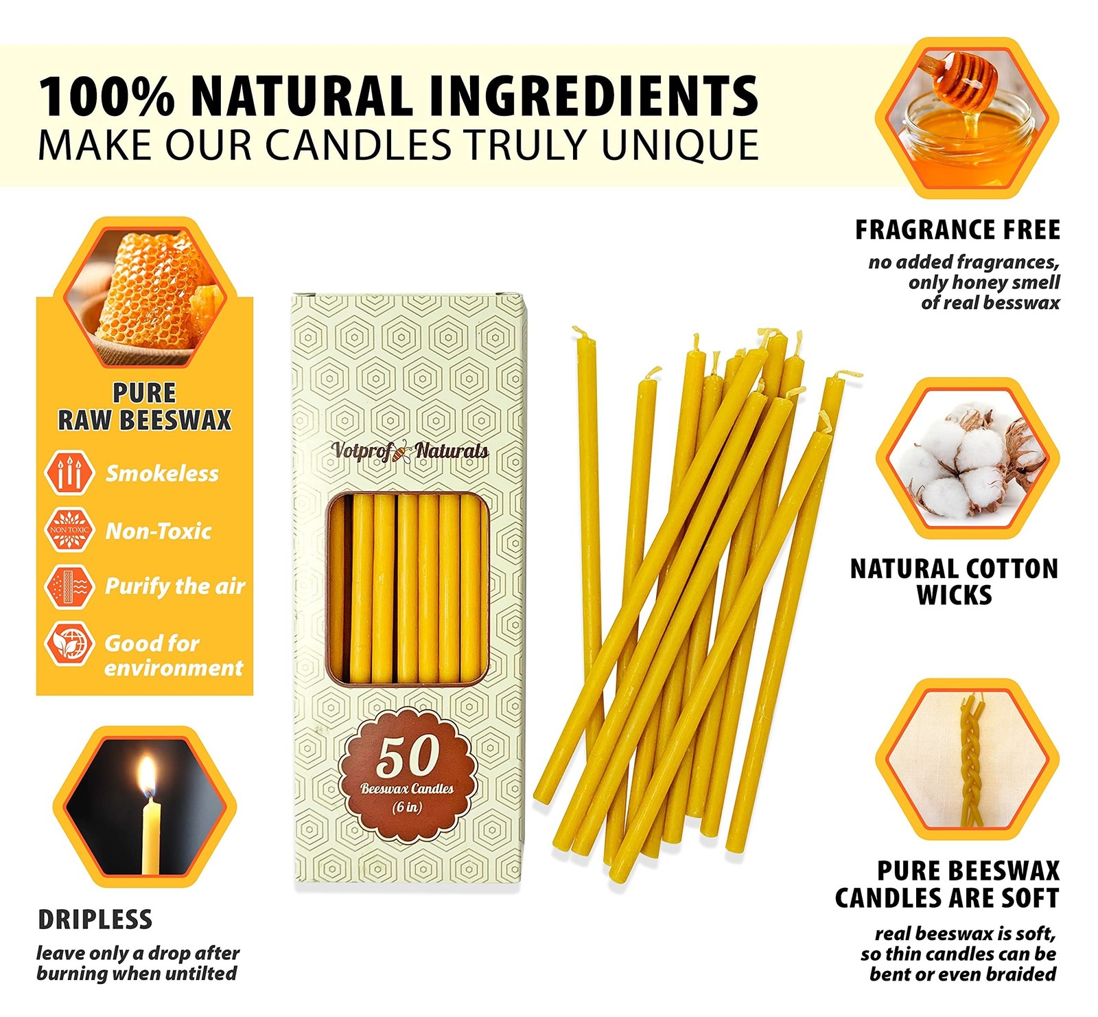 50 Natural 100% Pure Raw Beeswax Taper Candles (6″) Honey Scent Birthday Cake…